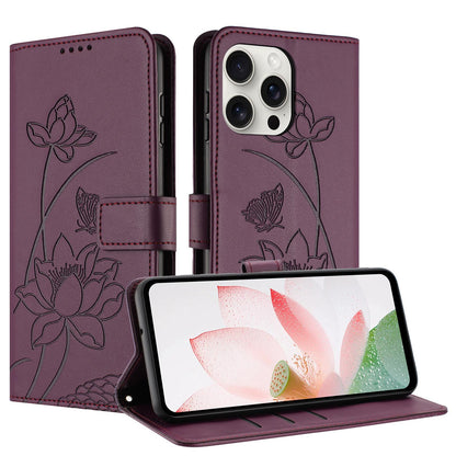 Apple iPhone 15 Pro Max Lotus Embossed PU Leather Wallet Phone Case with Card Holder, Cash Pocket, Magnetic Flip Stand Cover, Wrist Lanyard Strap, Shockproof TPU Protective Folio Case - Purple