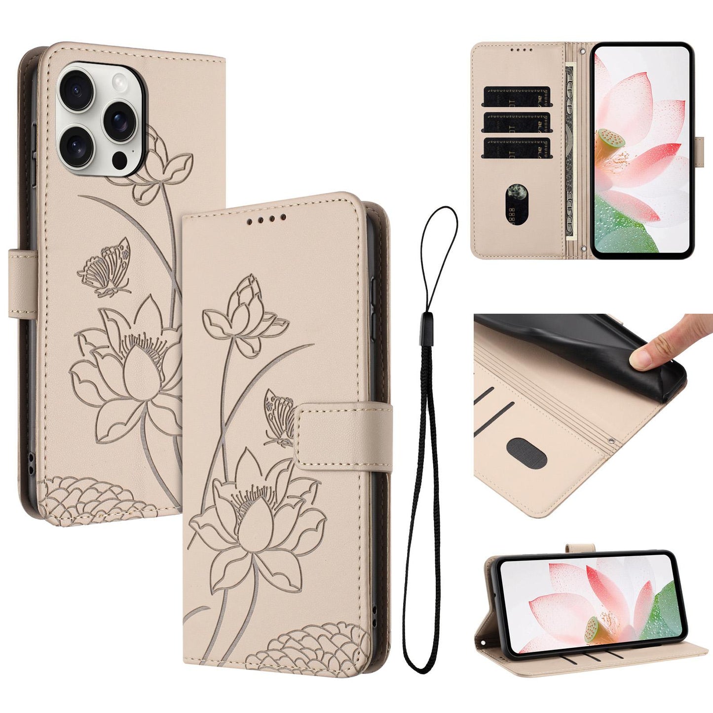 Apple iPhone 15 Pro Lotus Embossed PU Leather Wallet Phone Case with Card Holder, Cash Pocket, Magnetic Flip Stand Cover, Wrist Lanyard Strap, Shockproof TPU Protective Folio Case - Purple