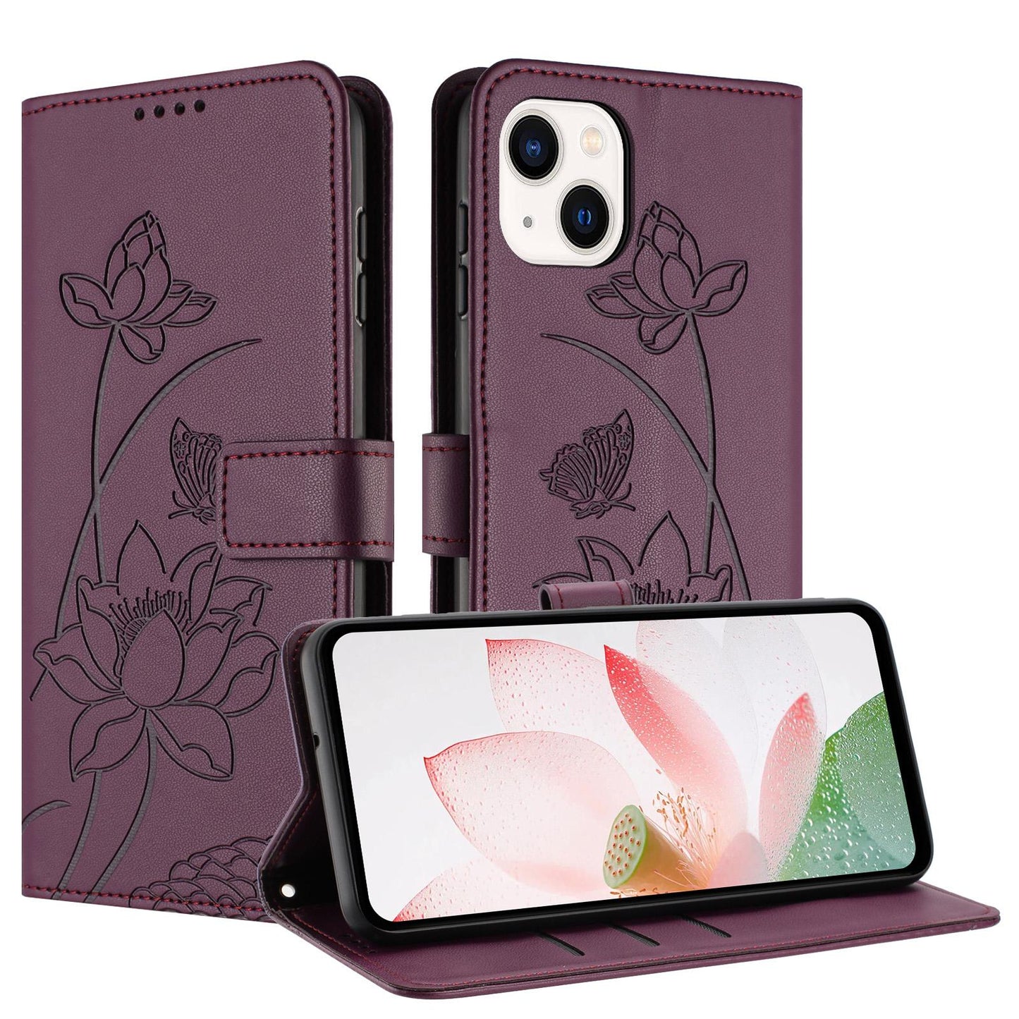 Apple iPhone 15 Plus Lotus Embossed PU Leather Wallet Phone Case with Card Holder, Cash Pocket, Magnetic Flip Stand Cover, Wrist Lanyard Strap, Shockproof TPU Protective Folio Case - Purple
