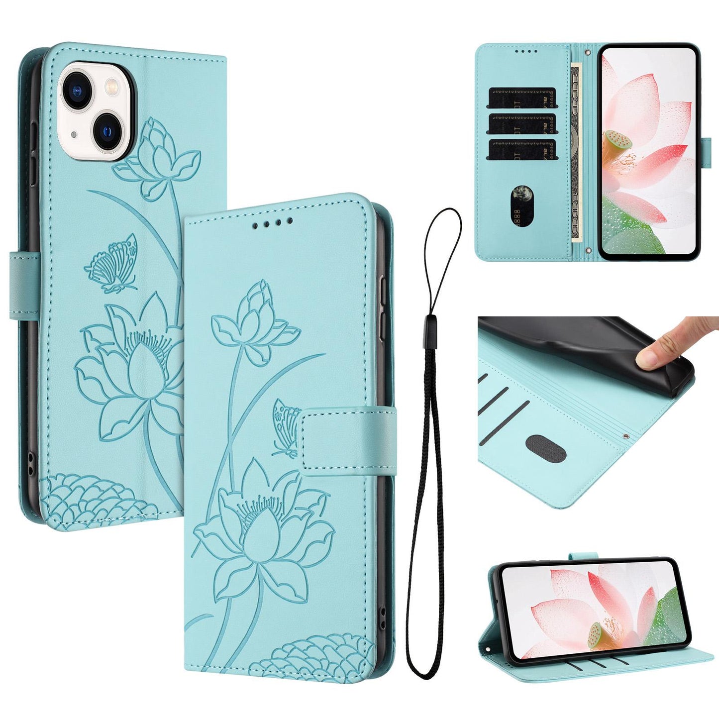 Apple iPhone 15 Lotus Embossed PU Leather Wallet Phone Case with Card Holder, Cash Pocket, Magnetic Flip Stand Cover, Wrist Lanyard Strap, Shockproof TPU Protective Folio Case - Purple