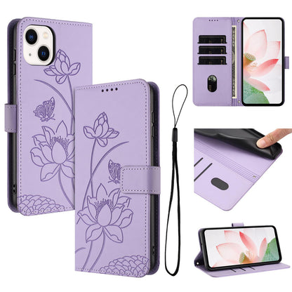 Apple iPhone 13 Lotus Embossed PU Leather Wallet Phone Case with Card Holder, Cash Pocket, Magnetic Flip Stand Cover, Wrist Lanyard Strap, Shockproof TPU Protective Folio Case - Purple