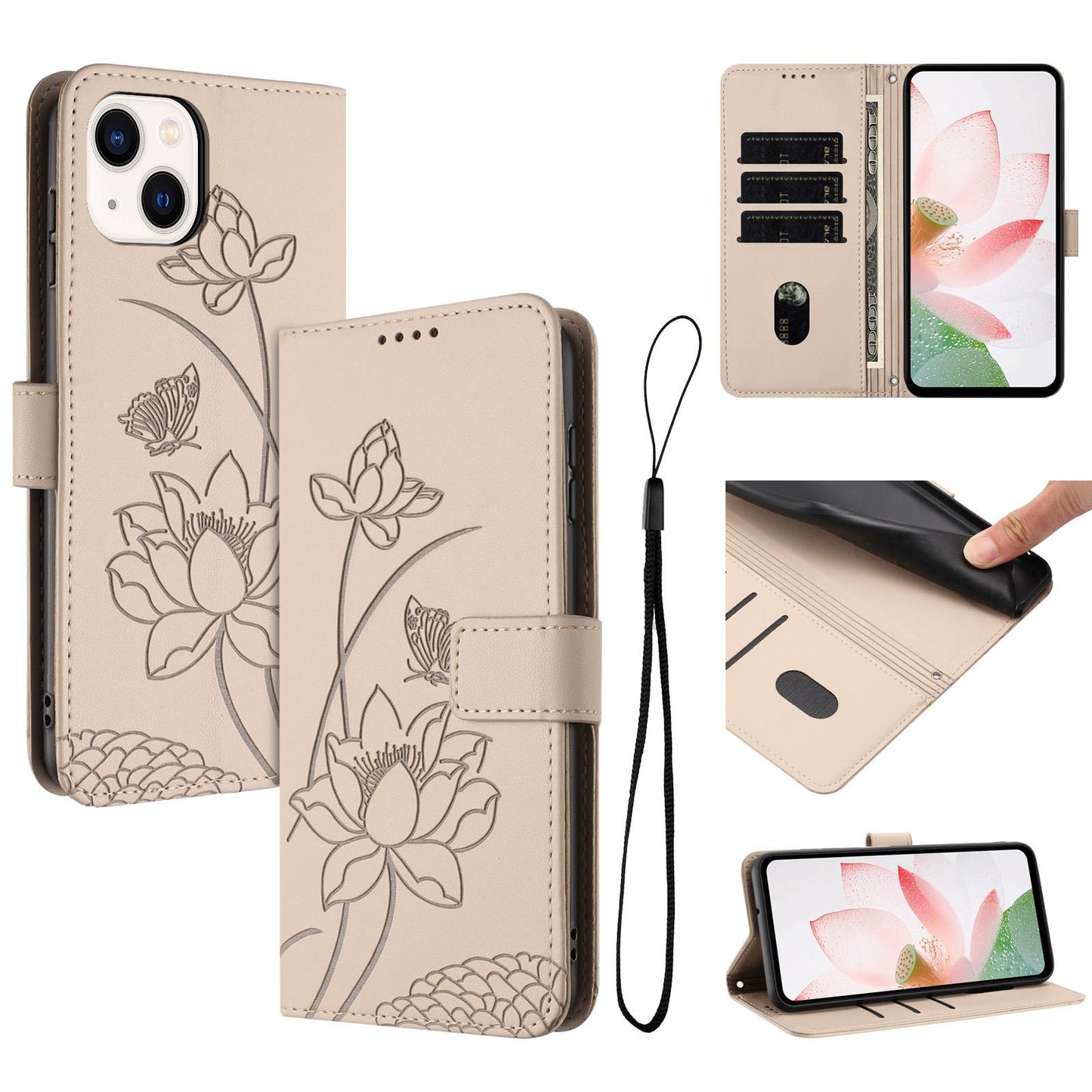 Apple iPhone 13 Lotus Embossed PU Leather Wallet Phone Case with Card Holder, Cash Pocket, Magnetic Flip Stand Cover, Wrist Lanyard Strap, Shockproof TPU Protective Folio Case - Purple