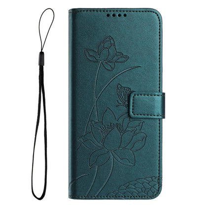 Apple iPhone 13 Lotus Embossed PU Leather Wallet Phone Case with Card Holder, Cash Pocket, Magnetic Flip Stand Cover, Wrist Lanyard Strap, Shockproof TPU Protective Folio Case - Purple