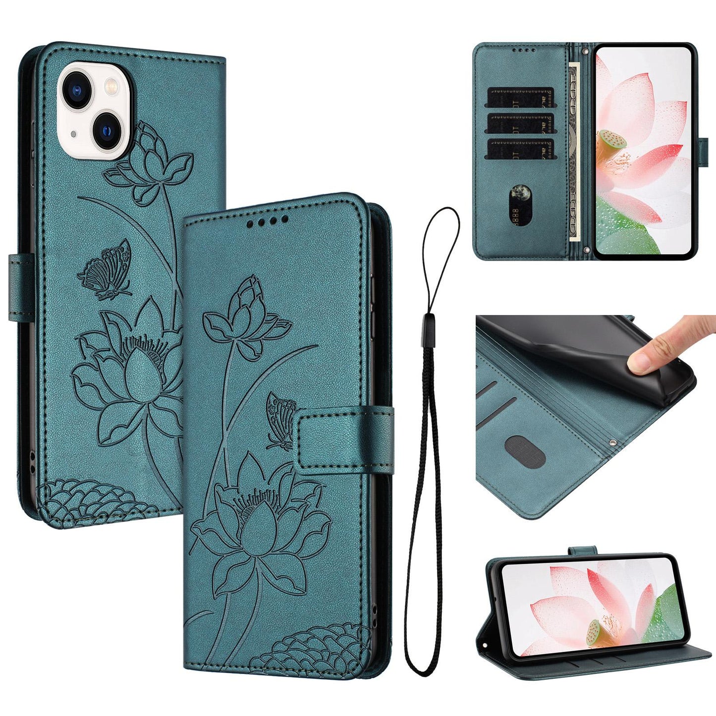 Apple iPhone 13 Lotus Embossed PU Leather Wallet Phone Case with Card Holder, Cash Pocket, Magnetic Flip Stand Cover, Wrist Lanyard Strap, Shockproof TPU Protective Folio Case - Purple