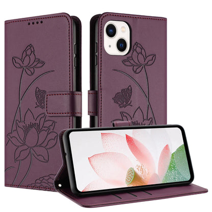 Apple iPhone 13 Lotus Embossed PU Leather Wallet Phone Case with Card Holder, Cash Pocket, Magnetic Flip Stand Cover, Wrist Lanyard Strap, Shockproof TPU Protective Folio Case - Purple