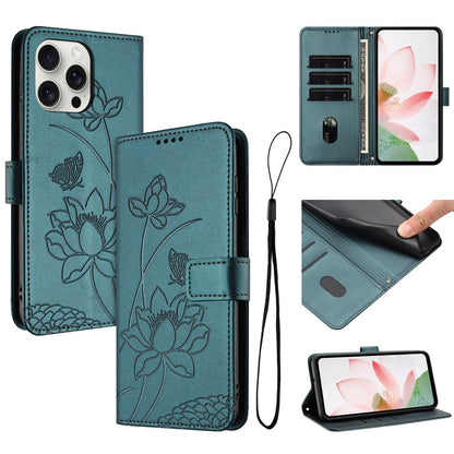 Apple iPhone 14 Pro Max Lotus Embossed PU Leather Wallet Phone Case with Card Holder, Cash Pocket, Magnetic Flip Stand Cover, Wrist Lanyard Strap, Shockproof TPU Protective Folio Case - Purple