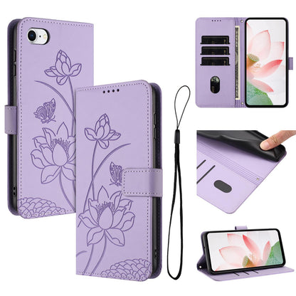 Apple iPhone 8 Lotus Embossed PU Leather Wallet Phone Case with Card Holder, Cash Pocket, Magnetic Flip Stand Cover, Wrist Lanyard Strap, Shockproof TPU Protective Folio Case - Purple