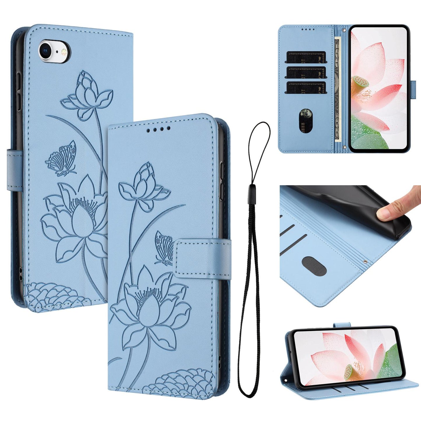 Apple iPhone 8 Lotus Embossed PU Leather Wallet Phone Case with Card Holder, Cash Pocket, Magnetic Flip Stand Cover, Wrist Lanyard Strap, Shockproof TPU Protective Folio Case - Purple