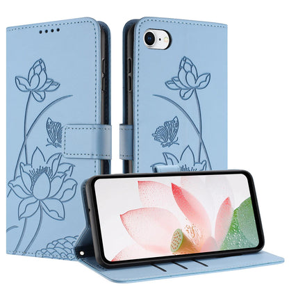 Apple iPhone 7 Lotus Embossed PU Leather Wallet Phone Case with Card Holder, Cash Pocket, Magnetic Flip Stand Cover, Wrist Lanyard Strap, Shockproof TPU Protective Folio Case - Purple