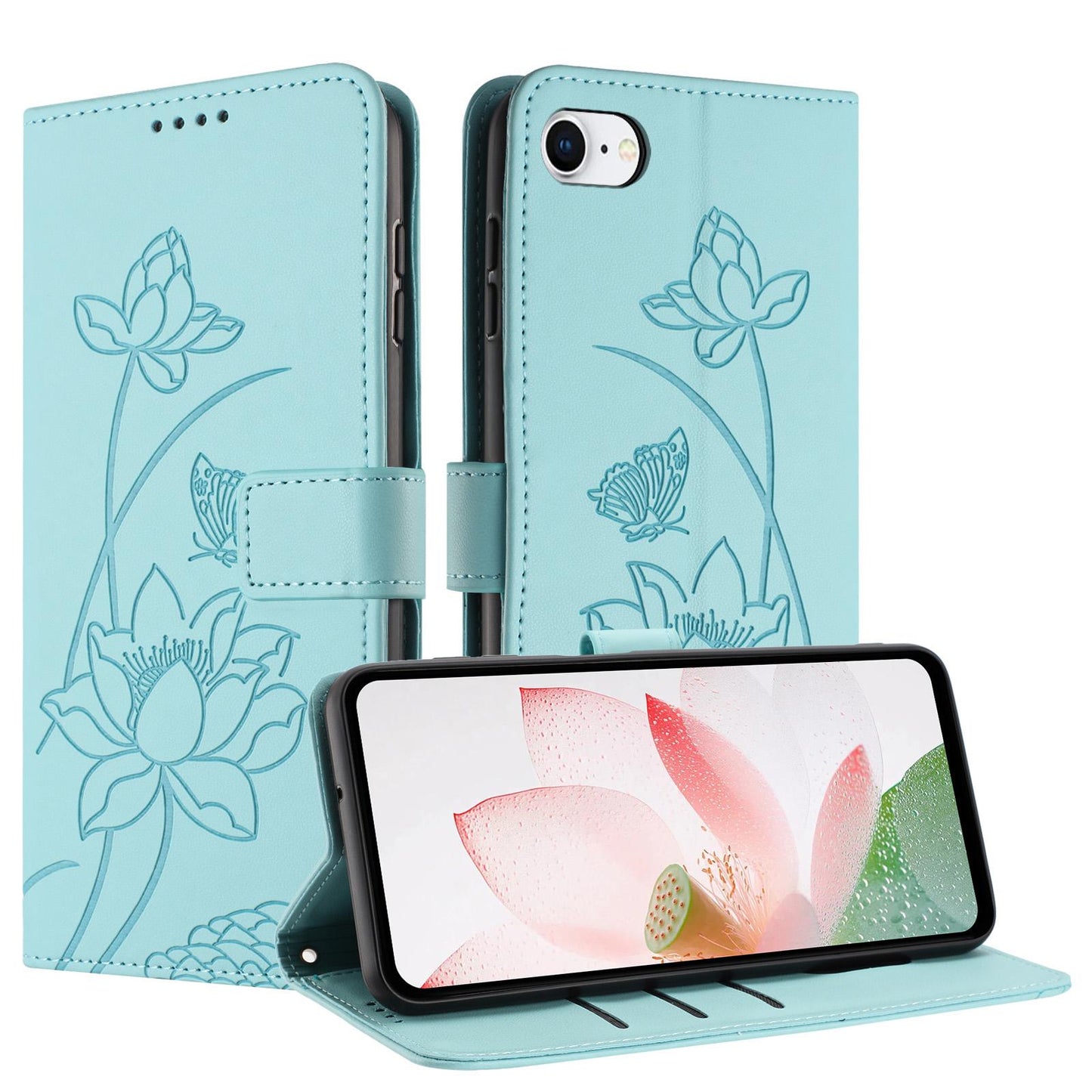 Apple iPhone 8 Lotus Embossed PU Leather Wallet Phone Case with Card Holder, Cash Pocket, Magnetic Flip Stand Cover, Wrist Lanyard Strap, Shockproof TPU Protective Folio Case - Purple