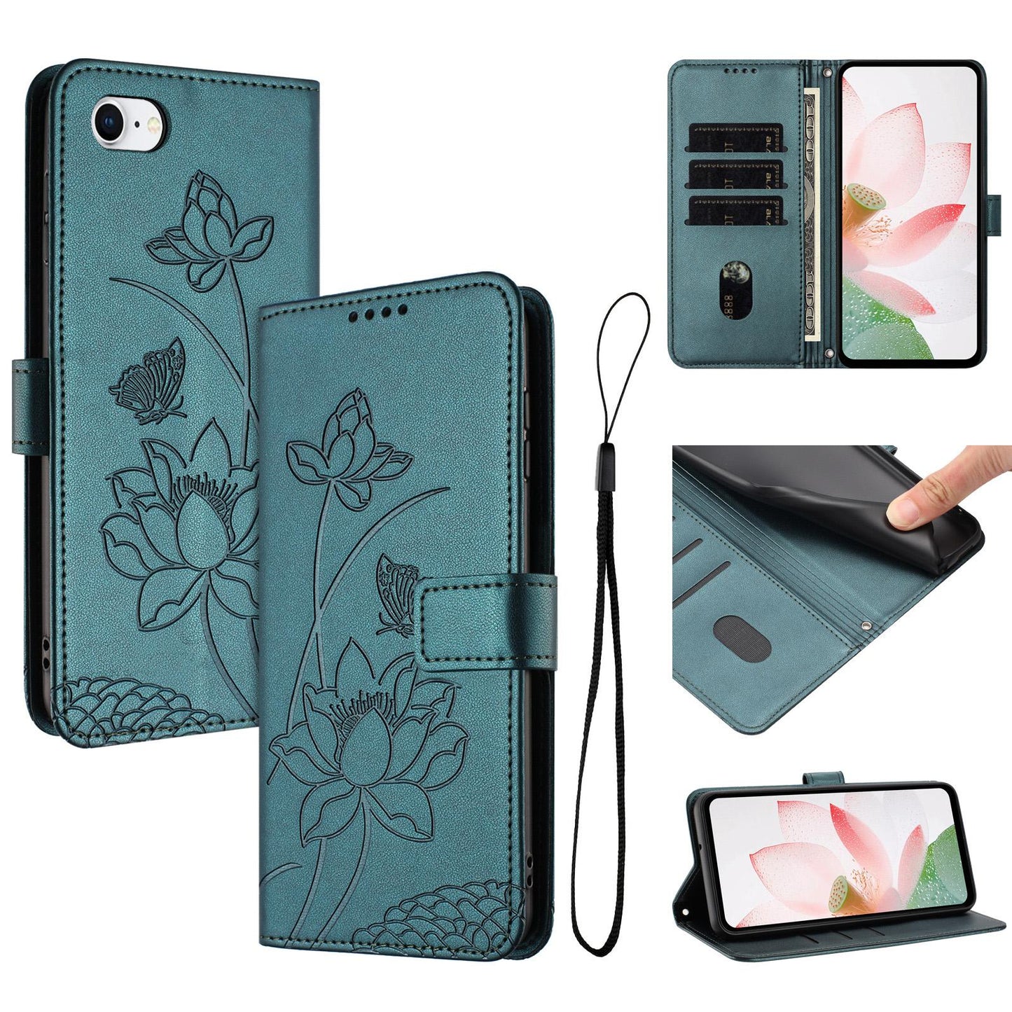 Apple iPhone SE 2022 Lotus Embossed PU Leather Wallet Phone Case with Card Holder, Cash Pocket, Magnetic Flip Stand Cover, Wrist Lanyard Strap, Shockproof TPU Protective Folio Case - Purple