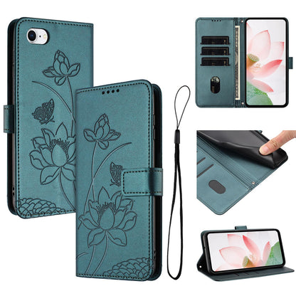 Apple iPhone 8 Lotus Embossed PU Leather Wallet Phone Case with Card Holder, Cash Pocket, Magnetic Flip Stand Cover, Wrist Lanyard Strap, Shockproof TPU Protective Folio Case - Purple