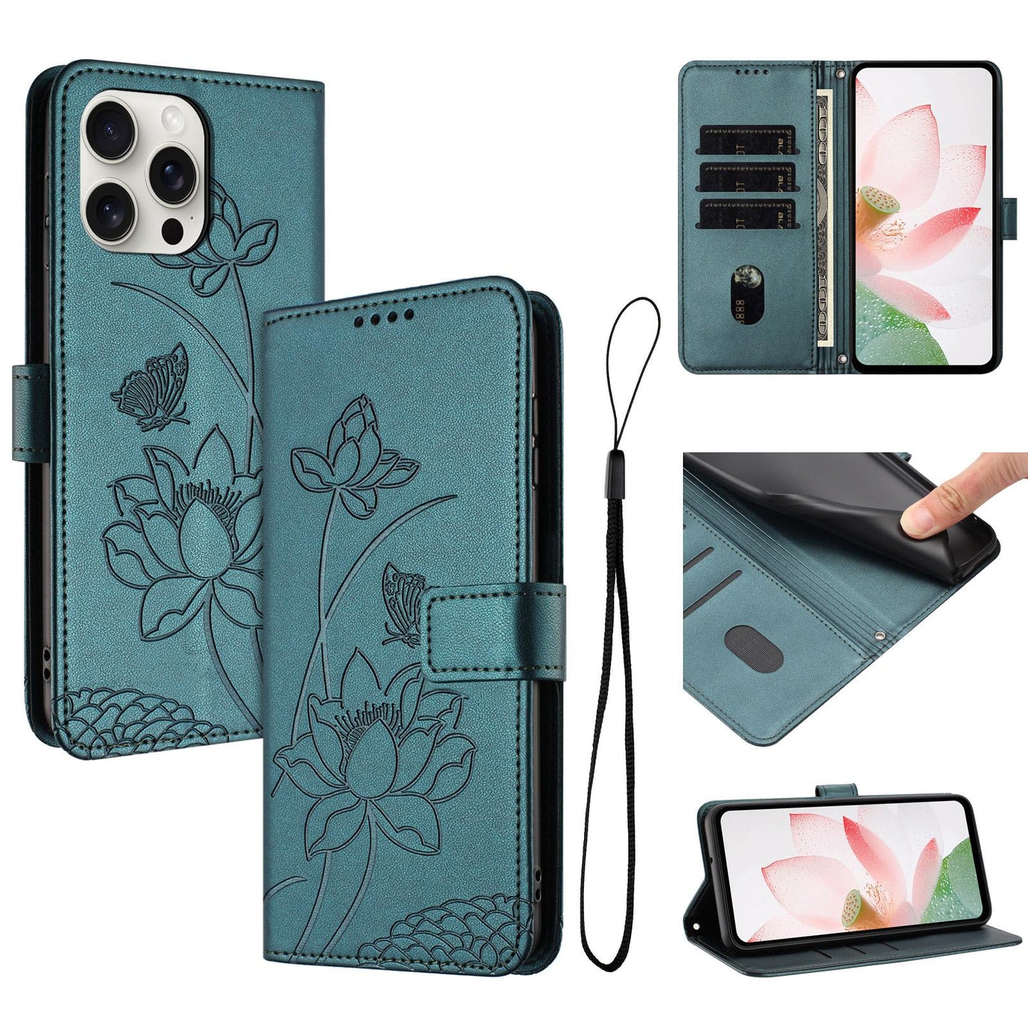 Apple iPhone 13 Pro Max Lotus Embossed PU Leather Wallet Phone Case with Card Holder, Cash Pocket, Magnetic Flip Stand Cover, Wrist Lanyard Strap, Shockproof TPU Protective Folio Case - Purple