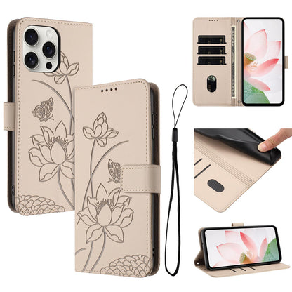 Apple iPhone 13 Pro Lotus Embossed PU Leather Wallet Phone Case with Card Holder, Cash Pocket, Magnetic Flip Stand Cover, Wrist Lanyard Strap, Shockproof TPU Protective Folio Case - Purple