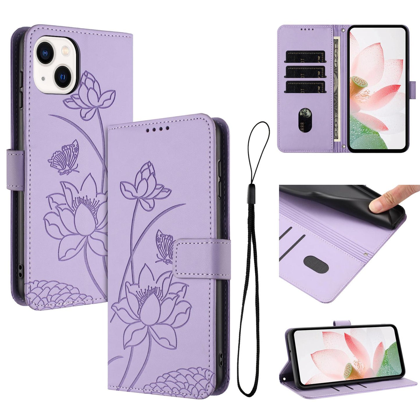 Apple iPhone 12 mini Lotus Embossed PU Leather Wallet Phone Case with Card Holder, Cash Pocket, Magnetic Flip Stand Cover, Wrist Lanyard Strap, Shockproof TPU Protective Folio Case - Purple