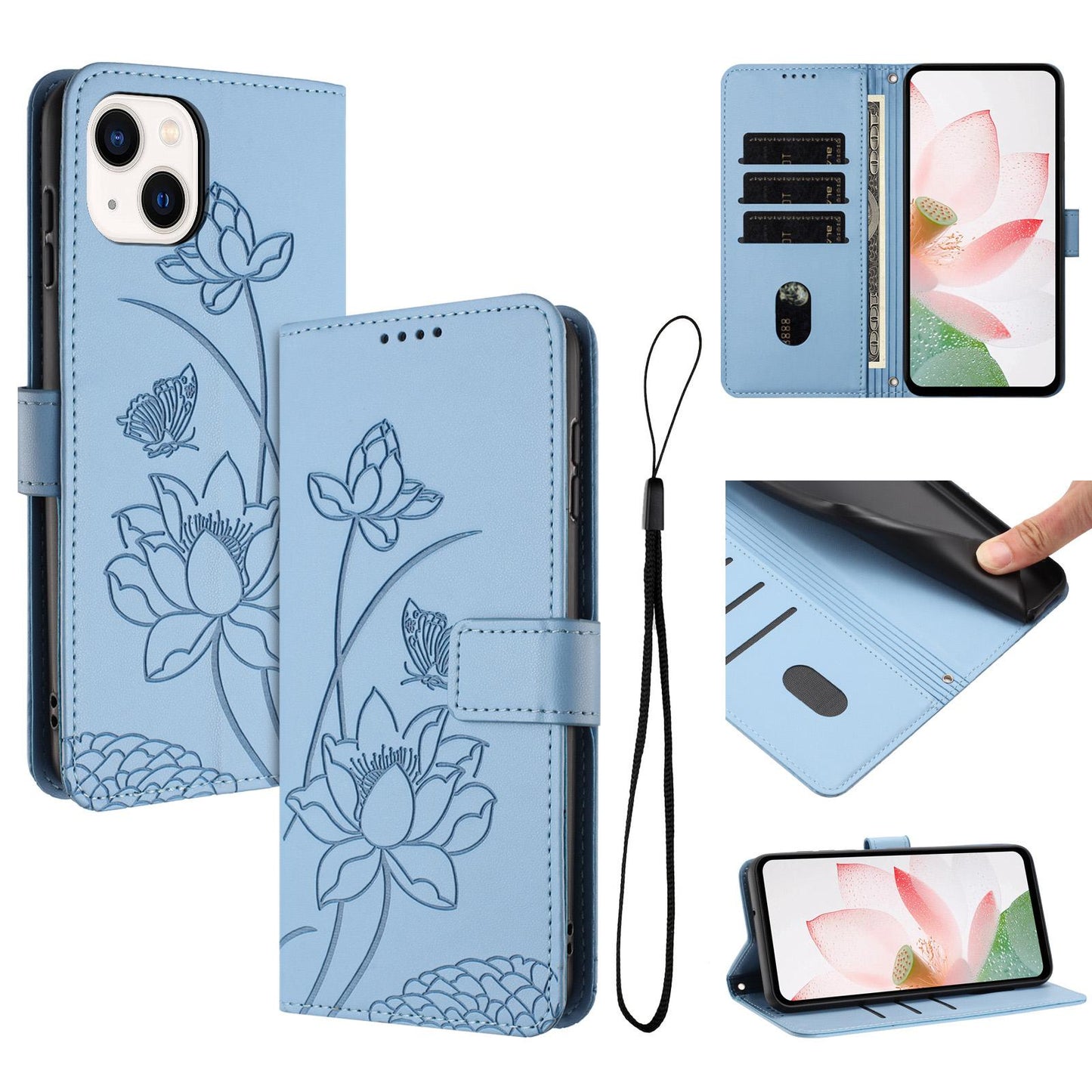 Apple iPhone 13 mini Lotus Embossed PU Leather Wallet Phone Case with Card Holder, Cash Pocket, Magnetic Flip Stand Cover, Wrist Lanyard Strap, Shockproof TPU Protective Folio Case - Purple