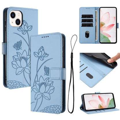 Apple iPhone 13 mini Lotus Embossed PU Leather Wallet Phone Case with Card Holder, Cash Pocket, Magnetic Flip Stand Cover, Wrist Lanyard Strap, Shockproof TPU Protective Folio Case - Purple