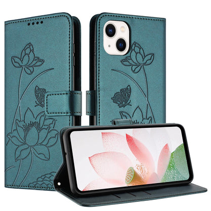 Apple iPhone 13 mini Lotus Embossed PU Leather Wallet Phone Case with Card Holder, Cash Pocket, Magnetic Flip Stand Cover, Wrist Lanyard Strap, Shockproof TPU Protective Folio Case - Purple