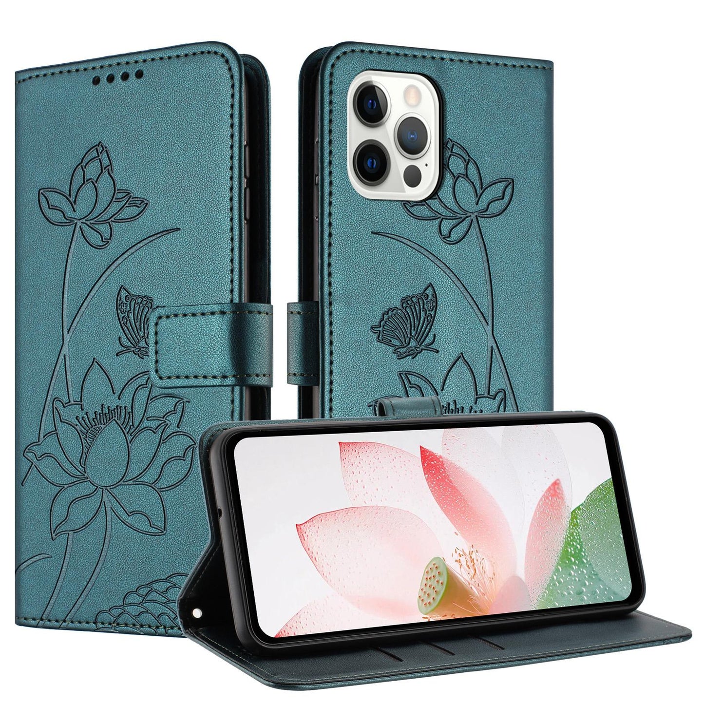 Apple iPhone 12 Lotus Embossed PU Leather Wallet Phone Case with Card Holder, Cash Pocket, Magnetic Flip Stand Cover, Wrist Lanyard Strap, Shockproof TPU Protective Folio Case - Purple