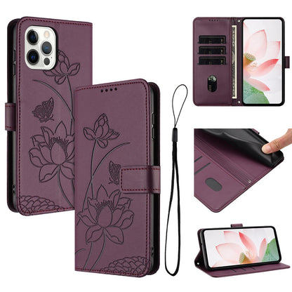 Apple iPhone 12 Lotus Embossed PU Leather Wallet Phone Case with Card Holder, Cash Pocket, Magnetic Flip Stand Cover, Wrist Lanyard Strap, Shockproof TPU Protective Folio Case - Purple