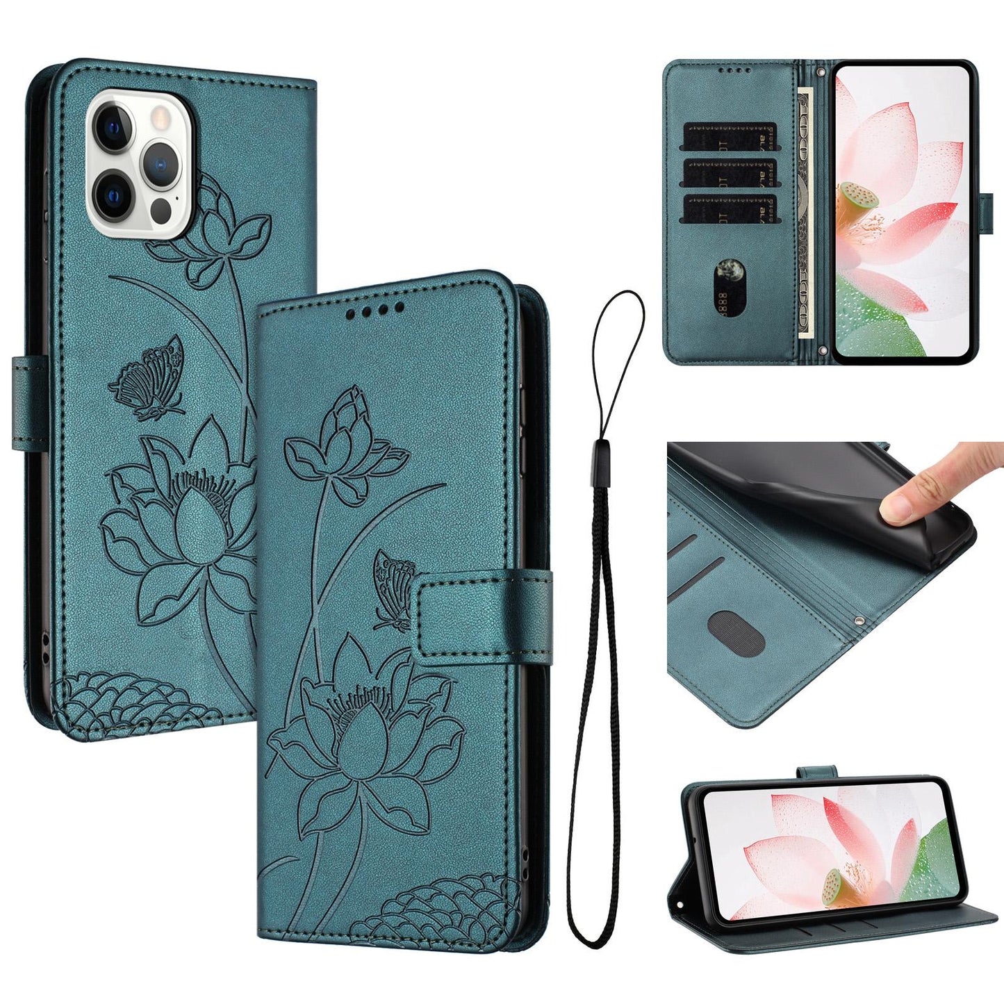 Apple iPhone 12 Pro Max Lotus Embossed PU Leather Wallet Phone Case with Card Holder, Cash Pocket, Magnetic Flip Stand Cover, Wrist Lanyard Strap, Shockproof TPU Protective Folio Case - Purple