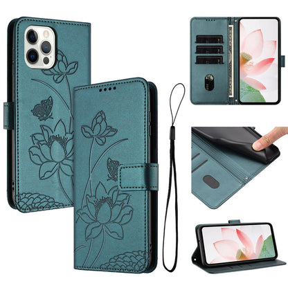 Apple iPhone 12 Pro Max Lotus Embossed PU Leather Wallet Phone Case with Card Holder, Cash Pocket, Magnetic Flip Stand Cover, Wrist Lanyard Strap, Shockproof TPU Protective Folio Case - Purple