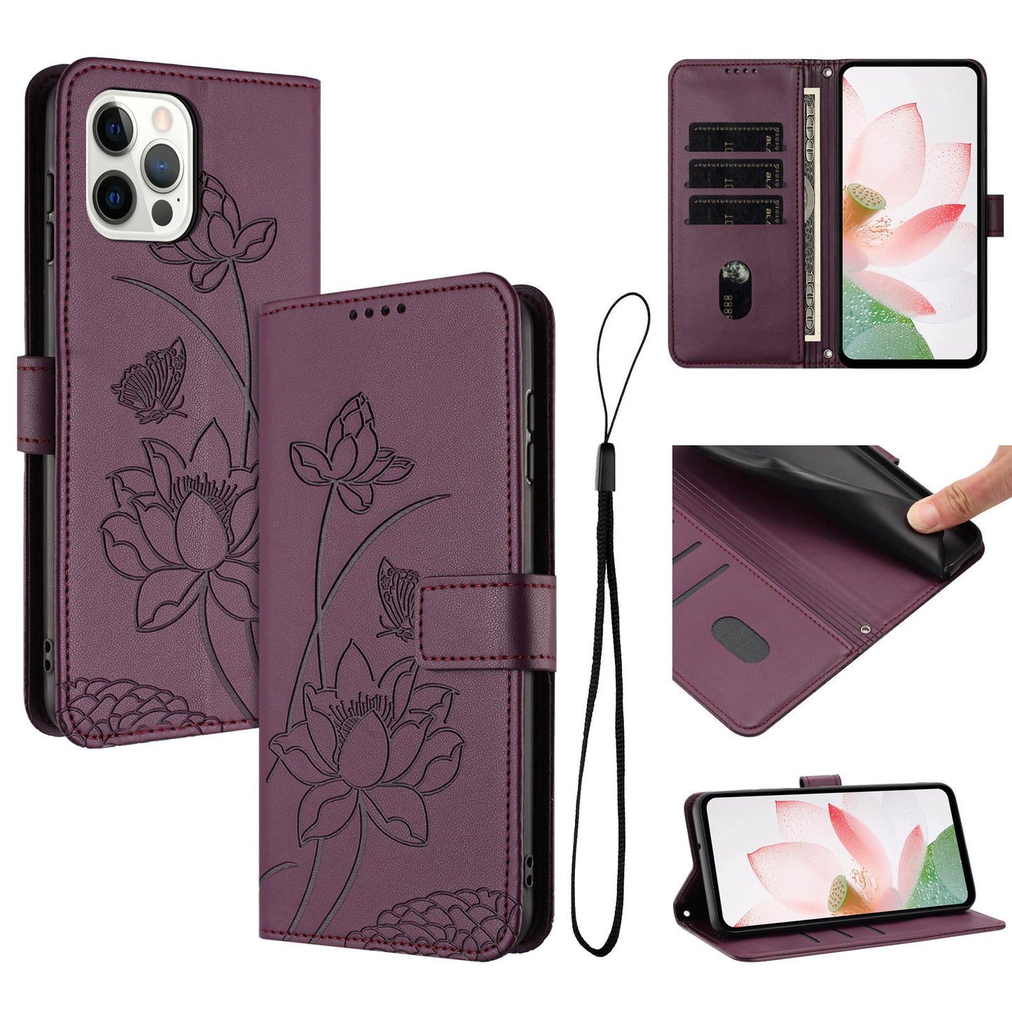 Apple iPhone 12 Pro Max Lotus Embossed PU Leather Wallet Phone Case with Card Holder, Cash Pocket, Magnetic Flip Stand Cover, Wrist Lanyard Strap, Shockproof TPU Protective Folio Case - Purple