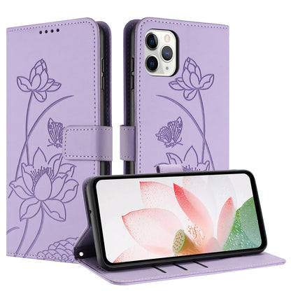 Apple iPhone 11 Pro Max Lotus Embossed PU Leather Wallet Phone Case with Card Holder, Cash Pocket, Magnetic Flip Stand Cover, Wrist Lanyard Strap, Shockproof TPU Protective Folio Case - Purple