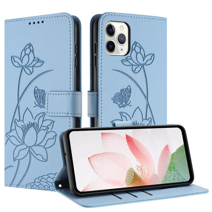Apple iPhone 11 Pro Max Lotus Embossed PU Leather Wallet Phone Case with Card Holder, Cash Pocket, Magnetic Flip Stand Cover, Wrist Lanyard Strap, Shockproof TPU Protective Folio Case - Purple