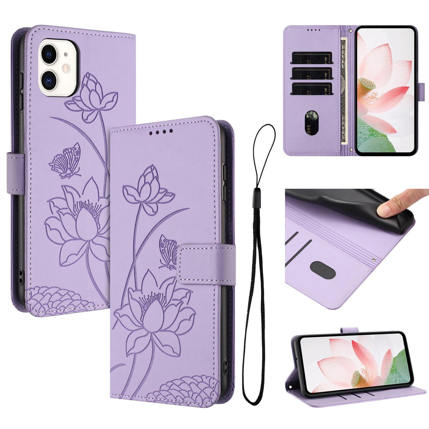 Apple iPhone 11 Lotus Embossed PU Leather Wallet Phone Case with Card Holder, Cash Pocket, Magnetic Flip Stand Cover, Wrist Lanyard Strap, Shockproof TPU Protective Folio Case - Purple