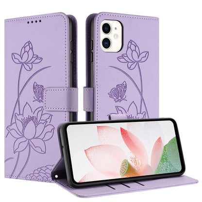 Apple iPhone 11 Lotus Embossed PU Leather Wallet Phone Case with Card Holder, Cash Pocket, Magnetic Flip Stand Cover, Wrist Lanyard Strap, Shockproof TPU Protective Folio Case - Purple
