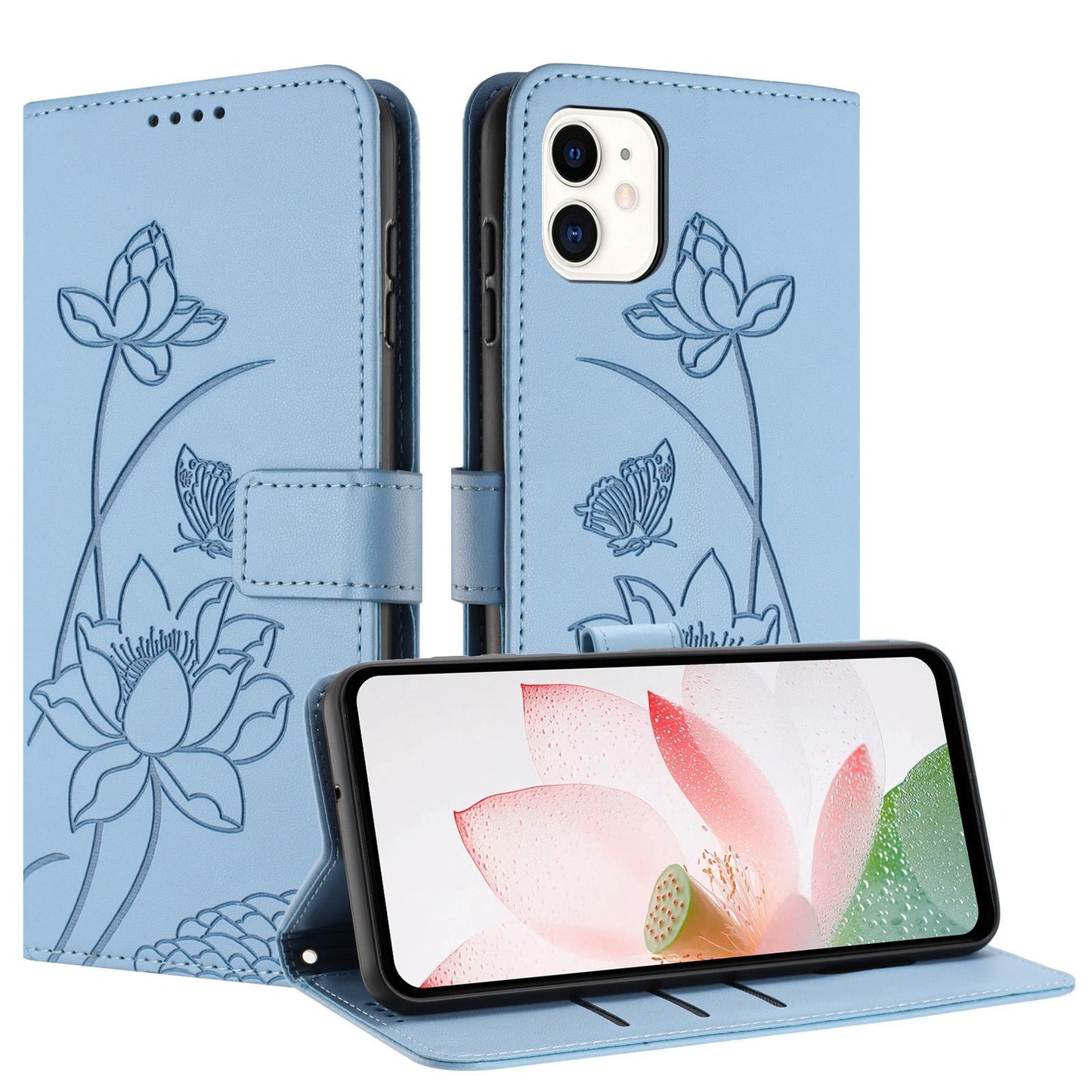 Apple iPhone 11 Lotus Embossed PU Leather Wallet Phone Case with Card Holder, Cash Pocket, Magnetic Flip Stand Cover, Wrist Lanyard Strap, Shockproof TPU Protective Folio Case - Purple