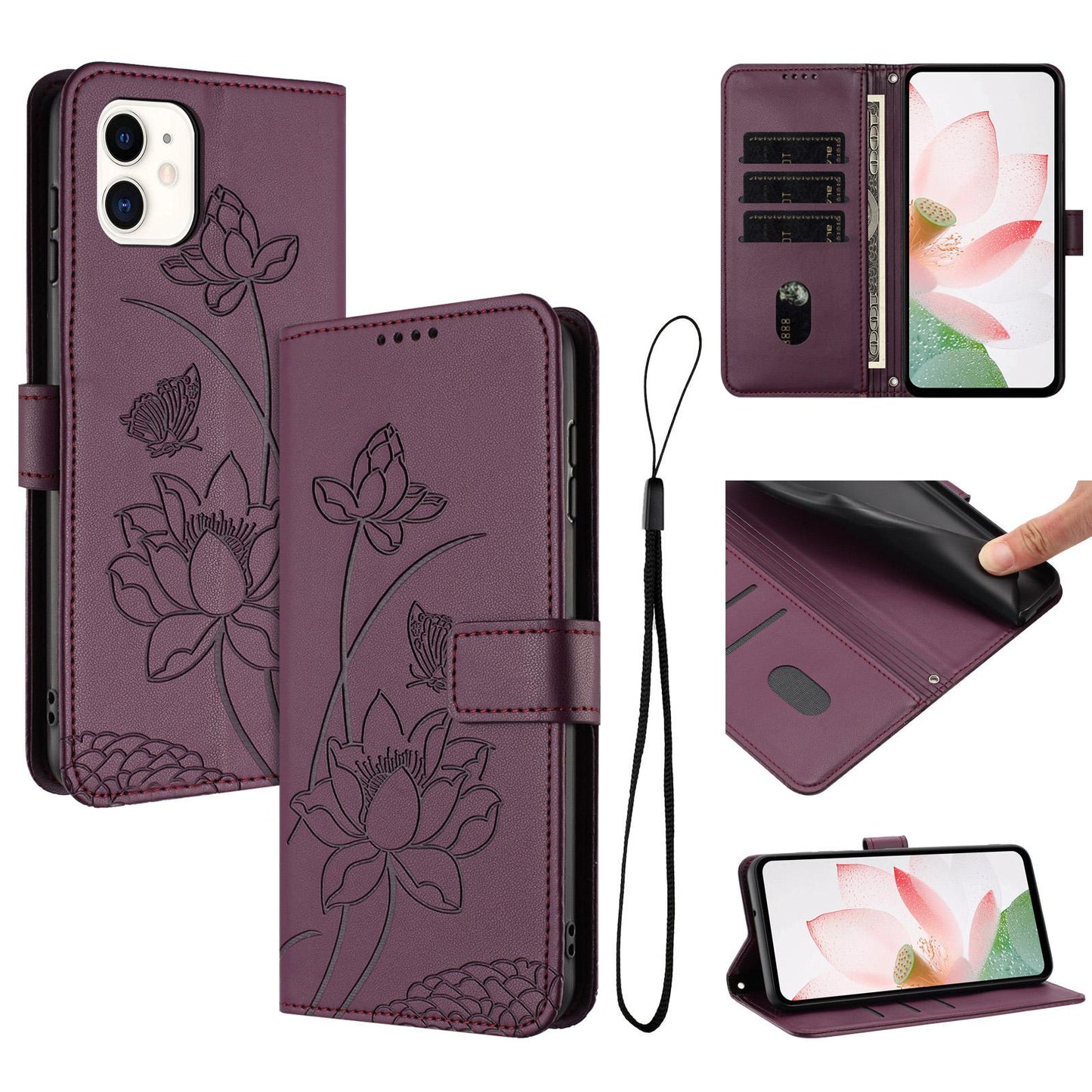 Apple iPhone 11 Lotus Embossed PU Leather Wallet Phone Case with Card Holder, Cash Pocket, Magnetic Flip Stand Cover, Wrist Lanyard Strap, Shockproof TPU Protective Folio Case - Purple