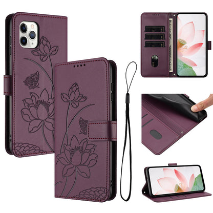 Apple iPhone 11 Pro Lotus Embossed PU Leather Wallet Phone Case with Card Holder, Cash Pocket, Magnetic Flip Stand Cover, Wrist Lanyard Strap, Shockproof TPU Protective Folio Case - Purple