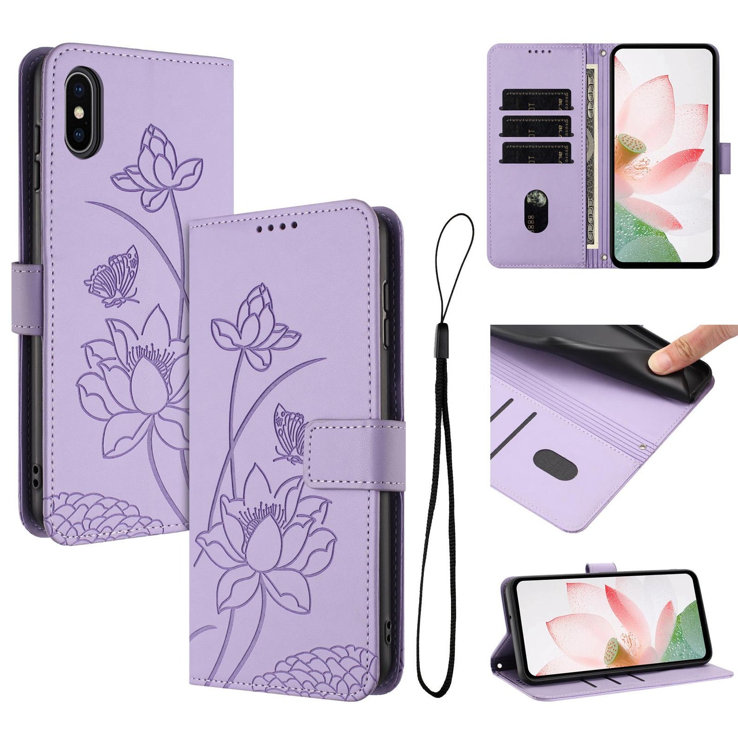 Apple iPhone X Lotus Embossed PU Leather Wallet Phone Case with Card Holder, Cash Pocket, Magnetic Flip Stand Cover, Wrist Lanyard Strap, Shockproof TPU Protective Folio Case - Purple
