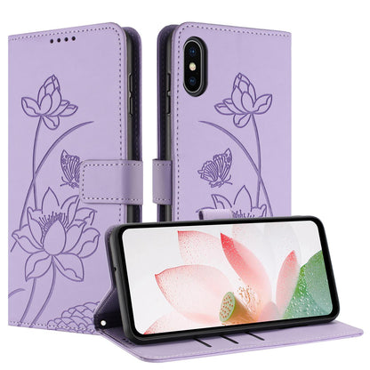Apple iPhone X Lotus Embossed PU Leather Wallet Phone Case with Card Holder, Cash Pocket, Magnetic Flip Stand Cover, Wrist Lanyard Strap, Shockproof TPU Protective Folio Case - Purple