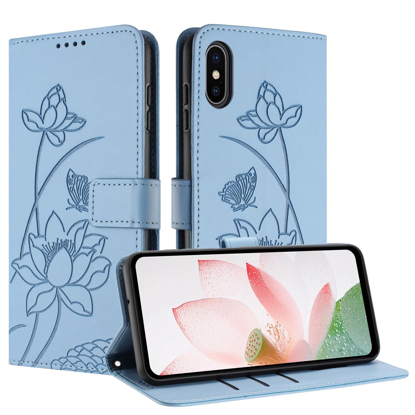 Apple iPhone XS Lotus Embossed PU Leather Wallet Phone Case with Card Holder, Cash Pocket, Magnetic Flip Stand Cover, Wrist Lanyard Strap, Shockproof TPU Protective Folio Case - Purple
