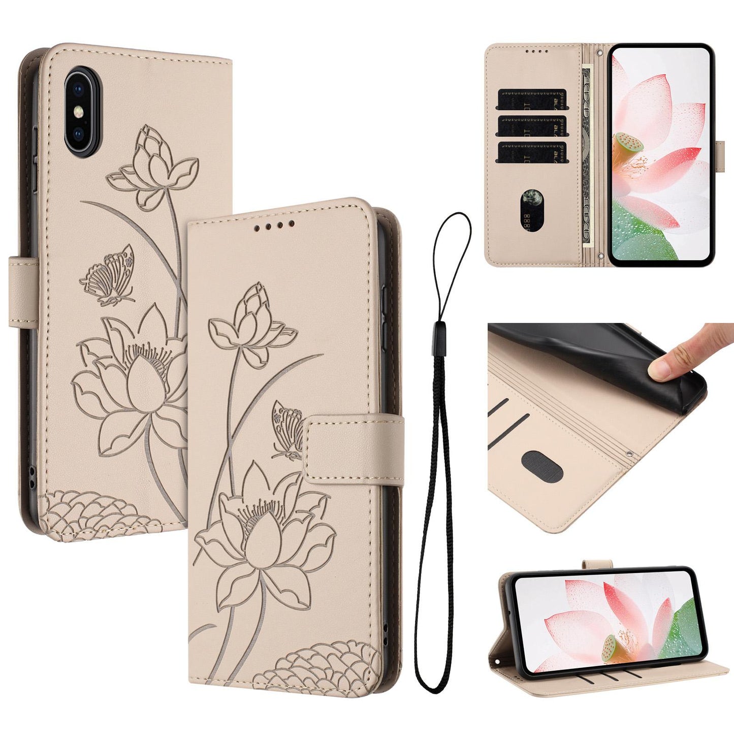 Apple iPhone X Lotus Embossed PU Leather Wallet Phone Case with Card Holder, Cash Pocket, Magnetic Flip Stand Cover, Wrist Lanyard Strap, Shockproof TPU Protective Folio Case - Purple