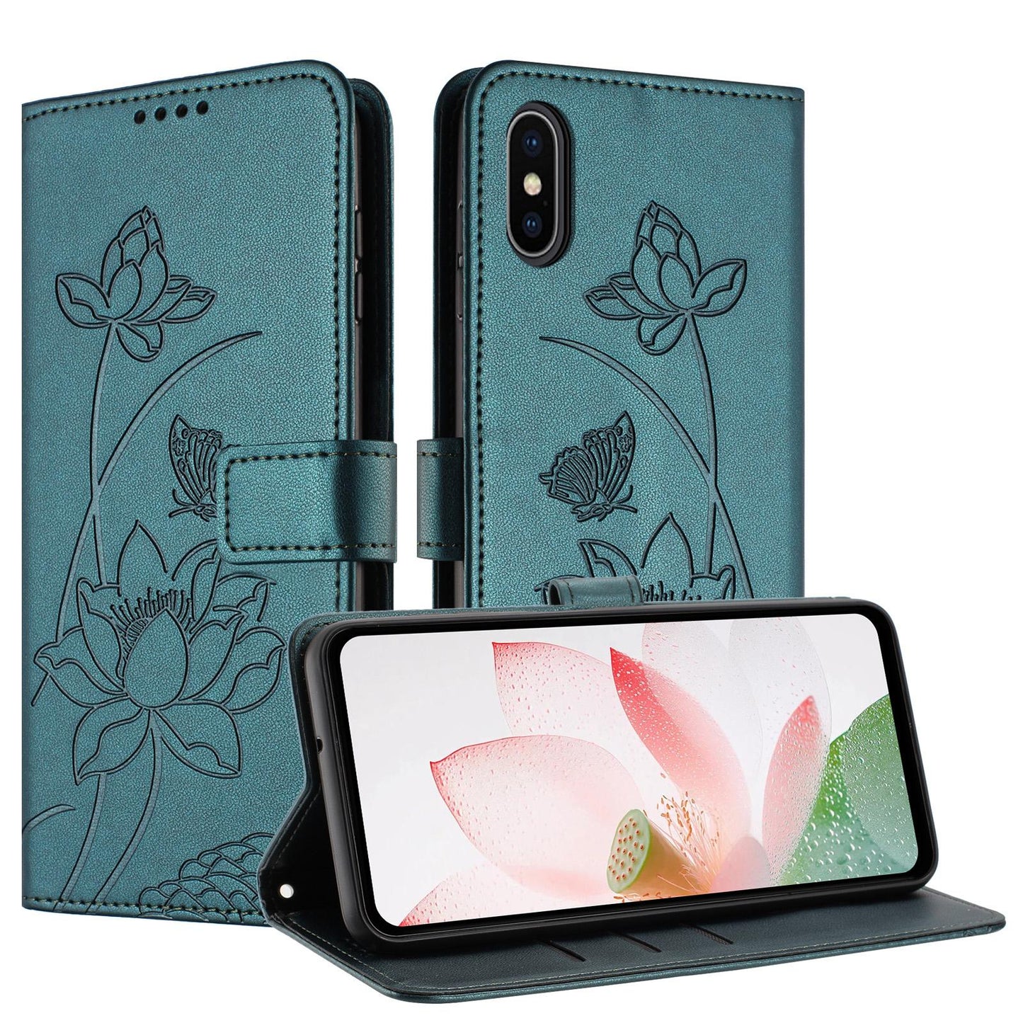 Apple iPhone X Lotus Embossed PU Leather Wallet Phone Case with Card Holder, Cash Pocket, Magnetic Flip Stand Cover, Wrist Lanyard Strap, Shockproof TPU Protective Folio Case - Purple