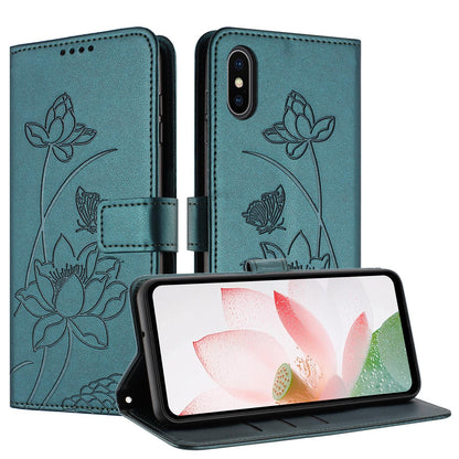Apple iPhone X Lotus Embossed PU Leather Wallet Phone Case with Card Holder, Cash Pocket, Magnetic Flip Stand Cover, Wrist Lanyard Strap, Shockproof TPU Protective Folio Case - Purple