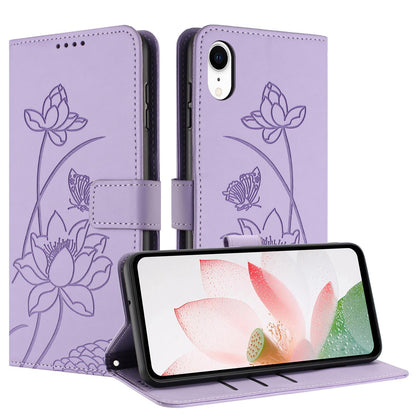 Apple iPhone XR Lotus Embossed PU Leather Wallet Phone Case with Card Holder, Cash Pocket, Magnetic Flip Stand Cover, Wrist Lanyard Strap, Shockproof TPU Protective Folio Case - Purple