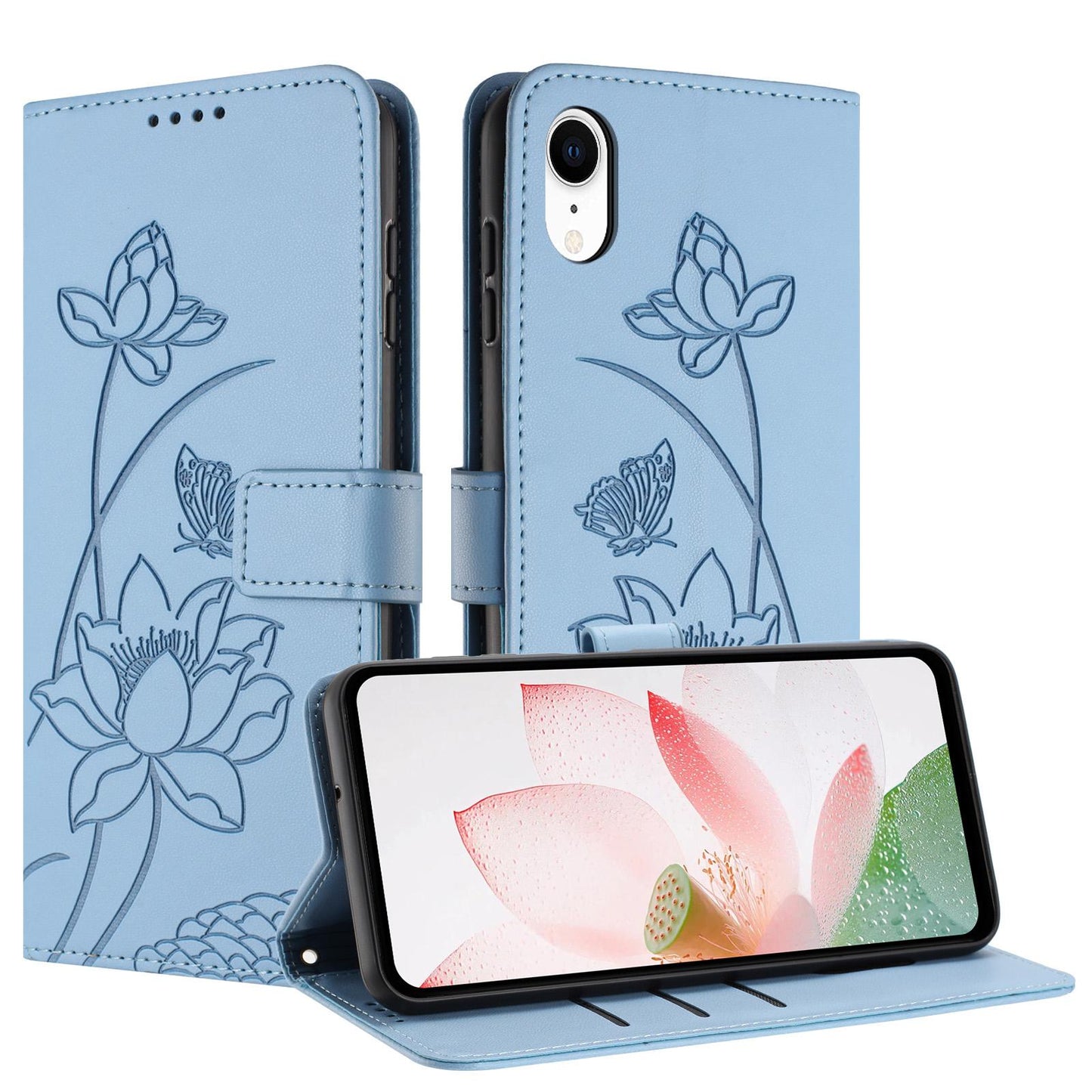 Apple iPhone XR Lotus Embossed PU Leather Wallet Phone Case with Card Holder, Cash Pocket, Magnetic Flip Stand Cover, Wrist Lanyard Strap, Shockproof TPU Protective Folio Case - Purple