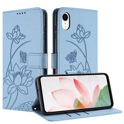 Apple iPhone XR Lotus Embossed PU Leather Wallet Phone Case with Card Holder, Cash Pocket, Magnetic Flip Stand Cover, Wrist Lanyard Strap, Shockproof TPU Protective Folio Case - Purple