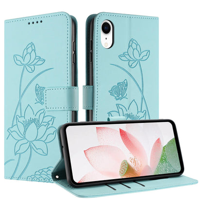 Apple iPhone XR Lotus Embossed PU Leather Wallet Phone Case with Card Holder, Cash Pocket, Magnetic Flip Stand Cover, Wrist Lanyard Strap, Shockproof TPU Protective Folio Case - Purple