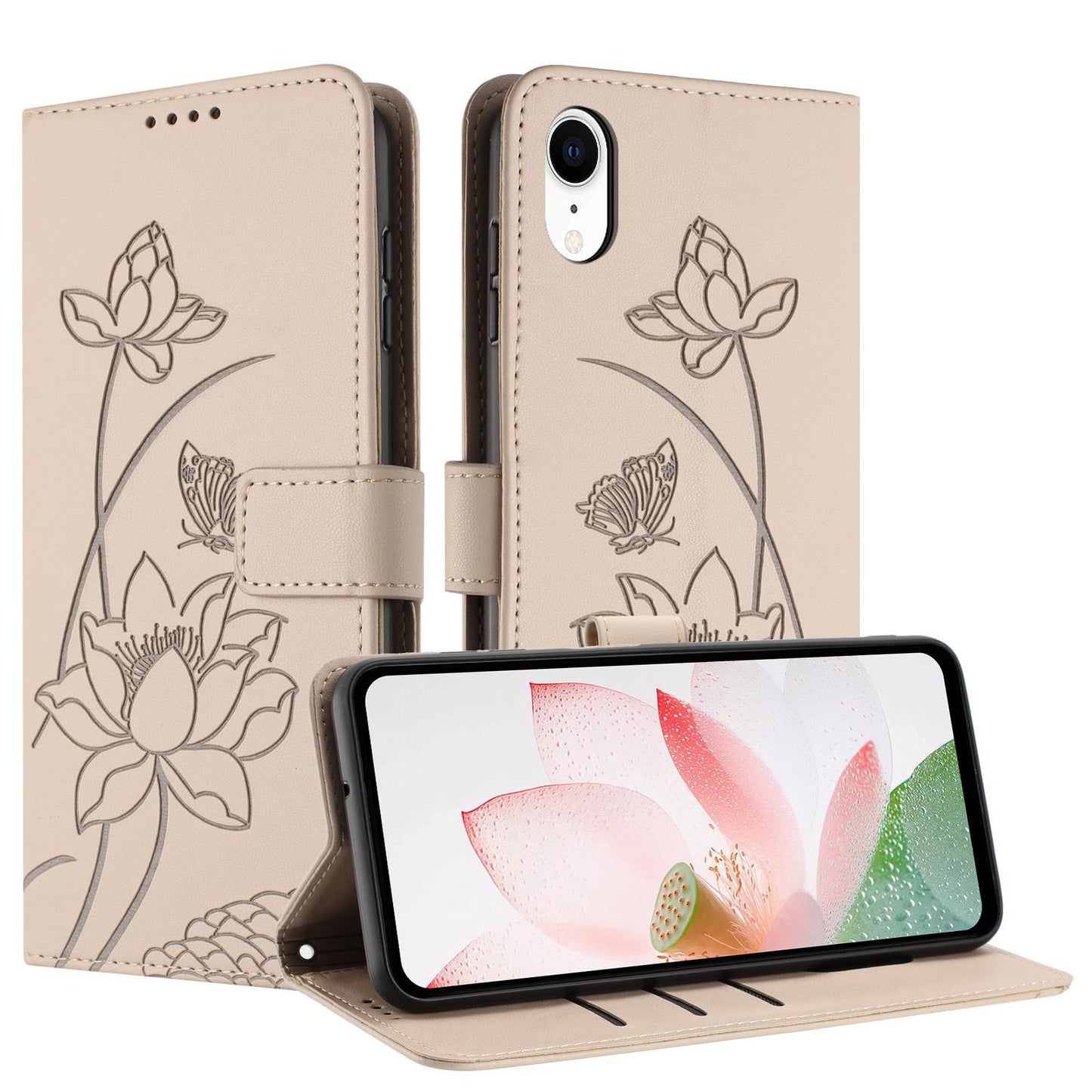 Apple iPhone XR Lotus Embossed PU Leather Wallet Phone Case with Card Holder, Cash Pocket, Magnetic Flip Stand Cover, Wrist Lanyard Strap, Shockproof TPU Protective Folio Case - Purple