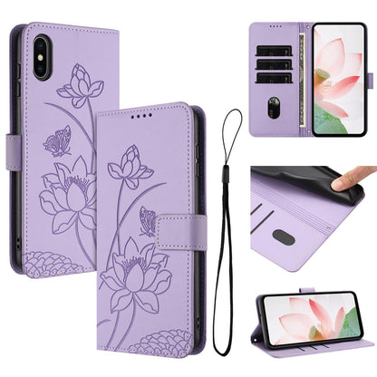 Apple iPhone XS Max Lotus Embossed PU Leather Wallet Phone Case with Card Holder, Cash Pocket, Magnetic Flip Stand Cover, Wrist Lanyard Strap, Shockproof TPU Protective Folio Case - Purple