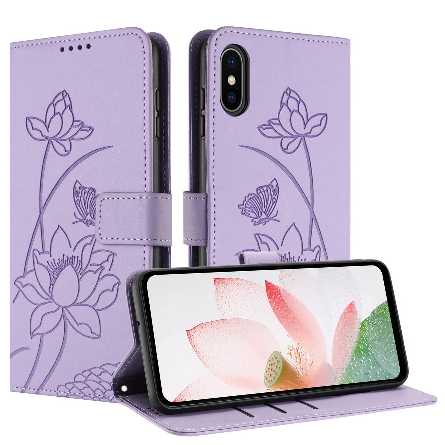 Apple iPhone XS Max Lotus Embossed PU Leather Wallet Phone Case with Card Holder, Cash Pocket, Magnetic Flip Stand Cover, Wrist Lanyard Strap, Shockproof TPU Protective Folio Case - Purple