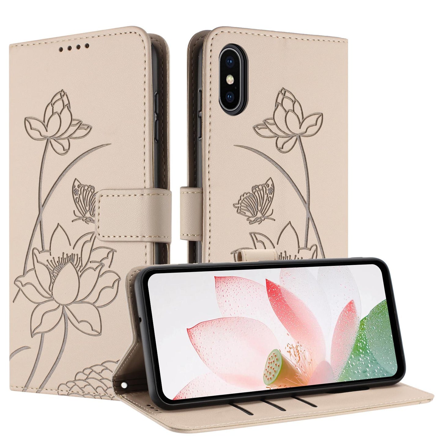 Apple iPhone XS Max Lotus Embossed PU Leather Wallet Phone Case with Card Holder, Cash Pocket, Magnetic Flip Stand Cover, Wrist Lanyard Strap, Shockproof TPU Protective Folio Case - Purple