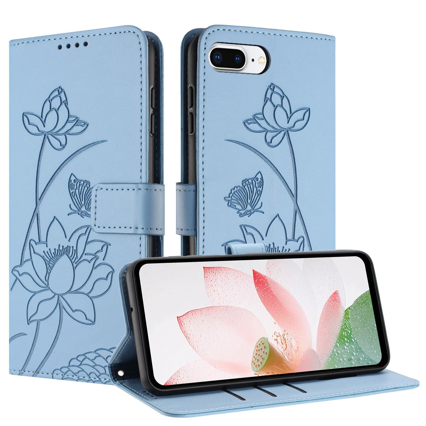 Apple iPhone 8 Plus Lotus Embossed PU Leather Wallet Phone Case with Card Holder, Cash Pocket, Magnetic Flip Stand Cover, Wrist Lanyard Strap, Shockproof TPU Protective Folio Case - Purple