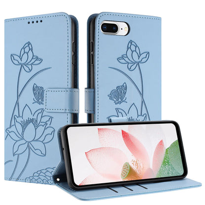 Apple iPhone 8 Plus Lotus Embossed PU Leather Wallet Phone Case with Card Holder, Cash Pocket, Magnetic Flip Stand Cover, Wrist Lanyard Strap, Shockproof TPU Protective Folio Case - Purple